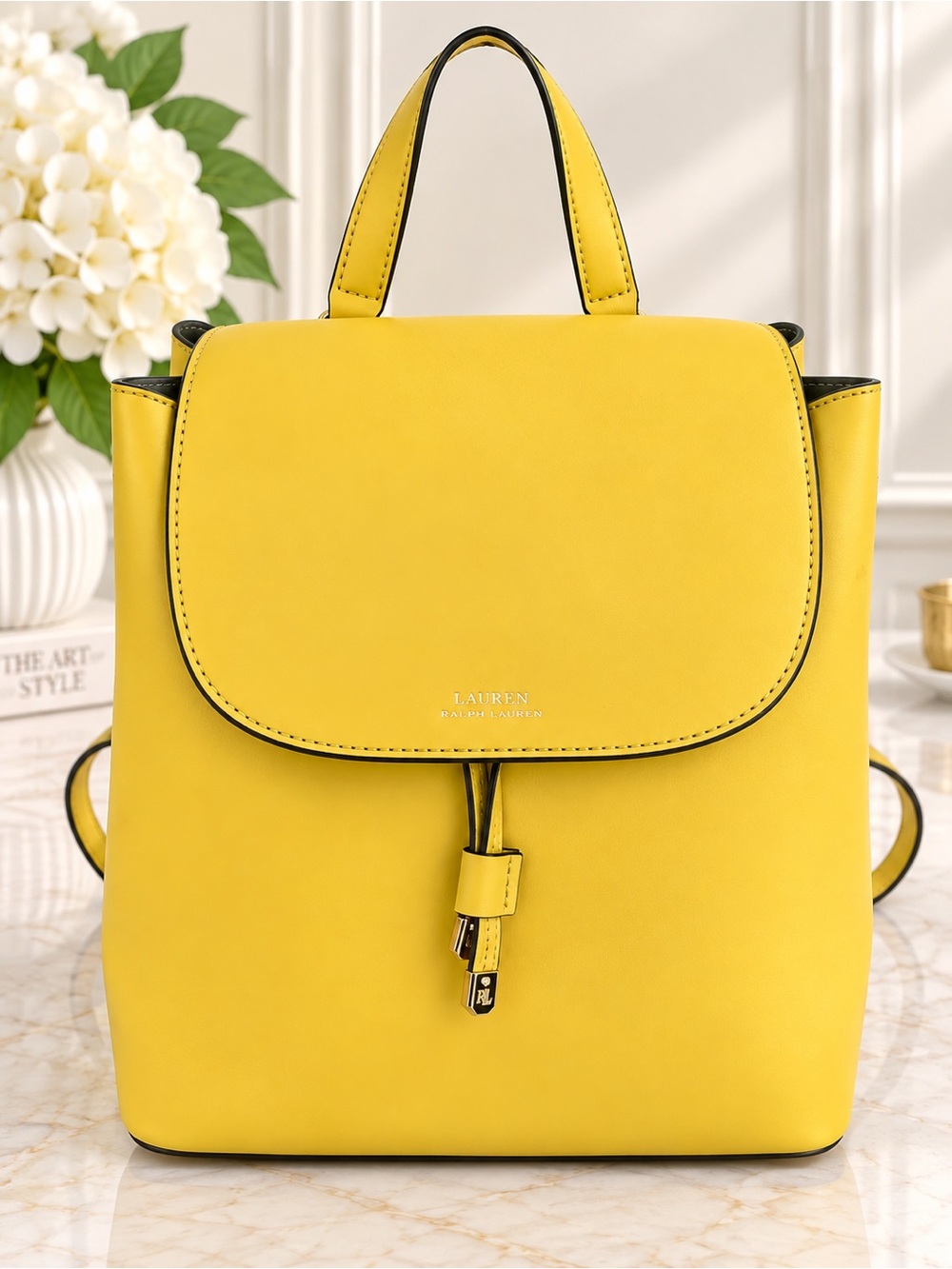 Lauren Ralph Lauren Yellow Leather Backpack Drawstring Flap Gold Hardware